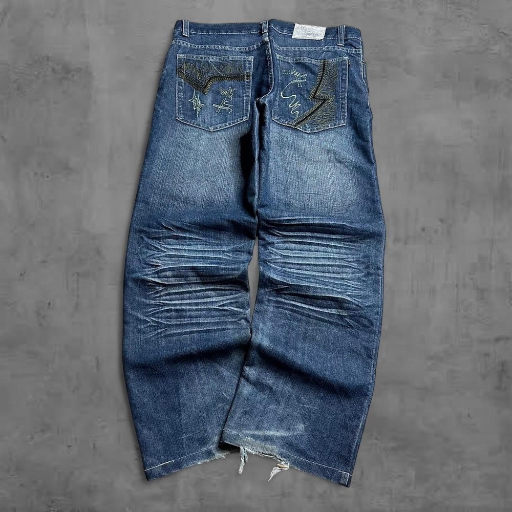 Dark Embroidered Baggy Dsitressed Jeans Blue Wash Denim Relaxed Fit‎ 37x30